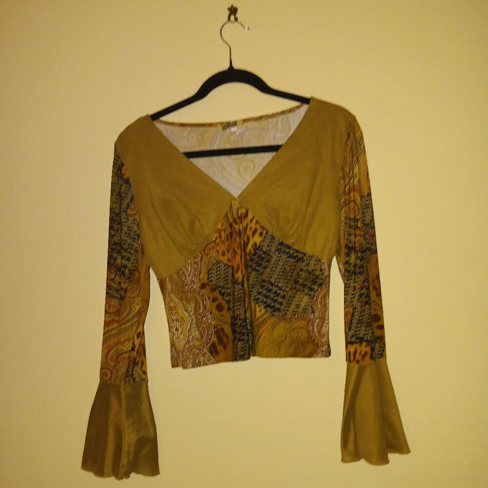 Final Touch Boho Bell Sleeve V-Neck Top Leopard Paisley Print Size M EUC